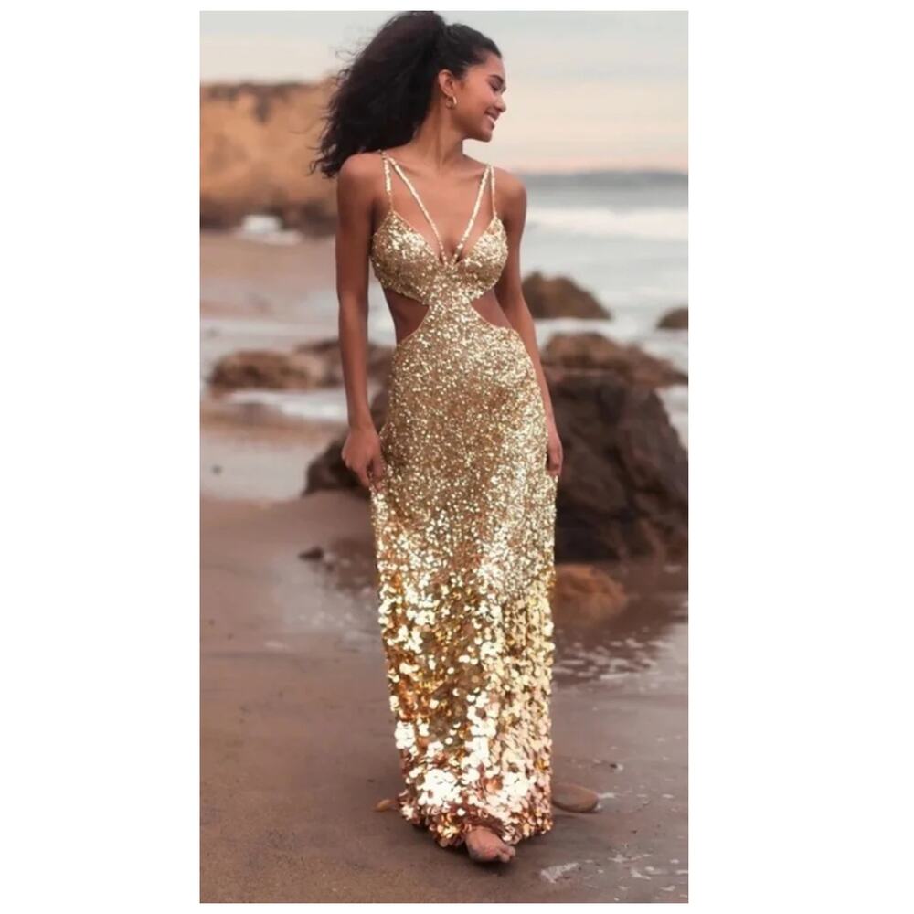 Mac Duggal Gold Sequin Cutout Maxi Dress